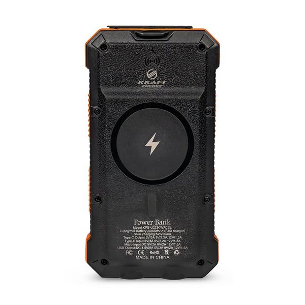 Повербанк з сонячною панеллю 20000mAh Power Bank Kraft KPB-U2230WFCSL Orange бездротова зарядка LED-ліхтар 43-00064 фото